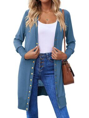 Women's Dusty Blue Button Down Long Sleeve Lightweight Casual Cardigan Sweaters